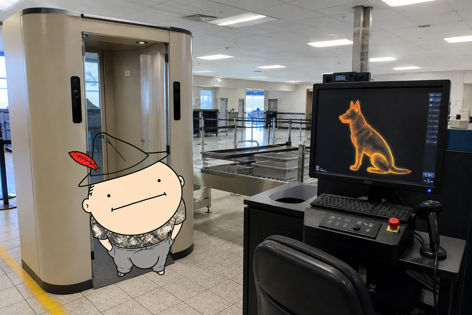 Airport scanner showing a cartoon man in the booth and a dog on the monitor