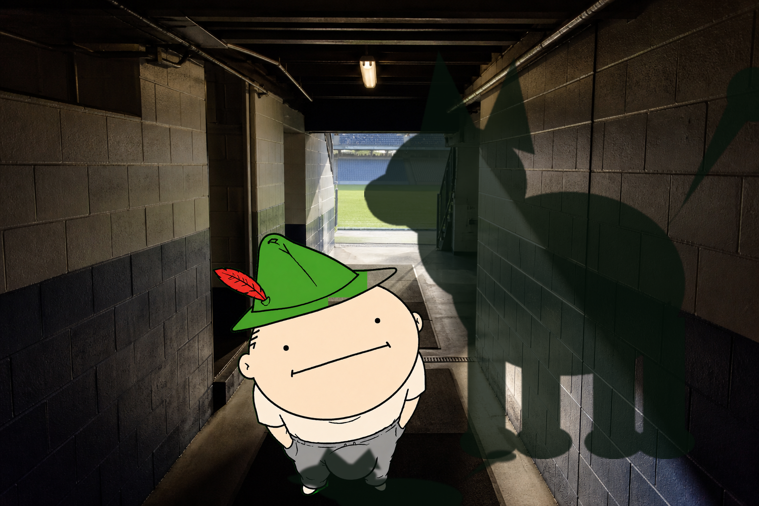 Stadium tunnel with the cartoon man and a large dog-shaped shadow on the wall