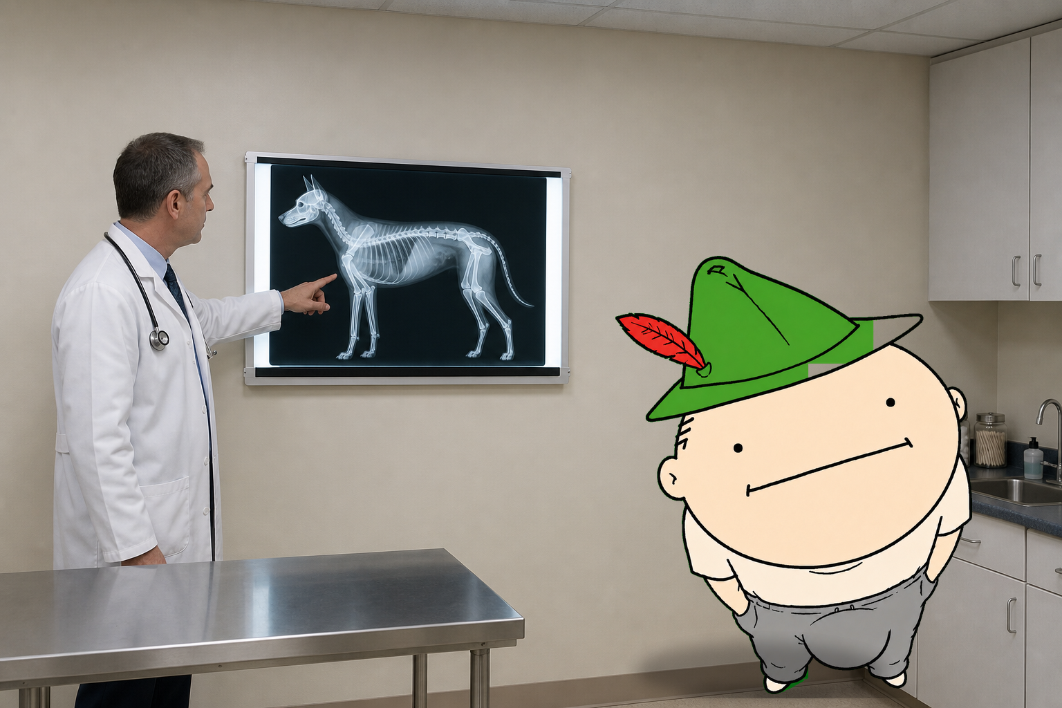 Exam room with a dog skeleton x-ray and the cartoon man standing as the patient